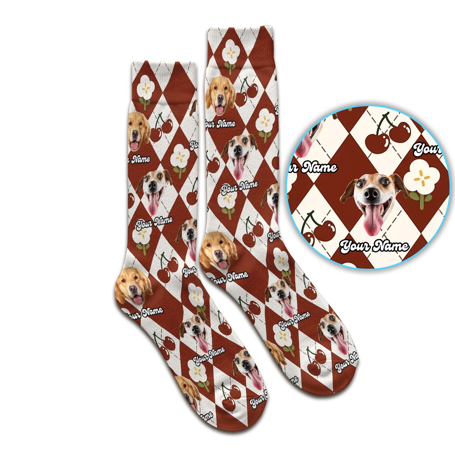 Custom Dog Face Sock, Playful Dog Cherry Argyle Pattern, Breathable Fabrics Medical Uniform