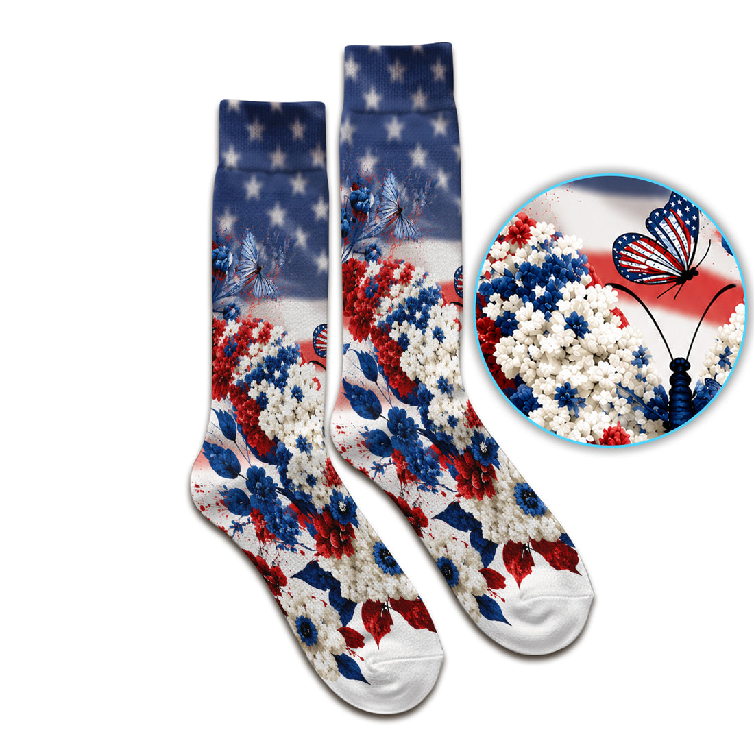 Patriotic Butterfly with Floral Print Socks, Adult Socks for Men and Women