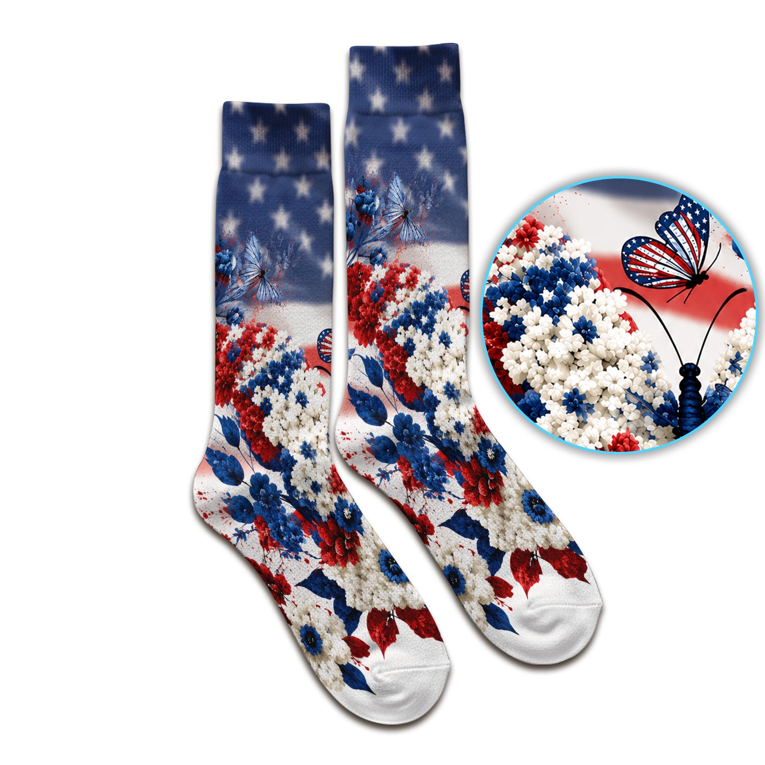 Patriotic Butterfly with Floral Print Socks, Adult Socks for Men and Women