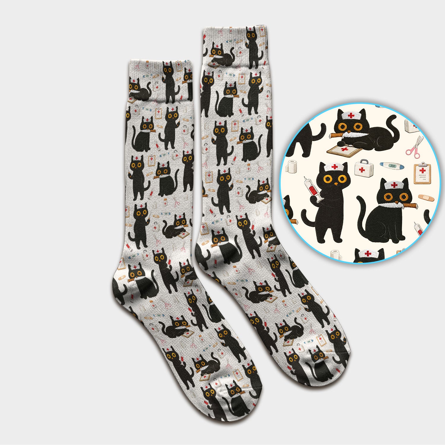 Cute Black Cat Nurse Pattern Medical Socks, Breathable Fabrics Medical Uniform