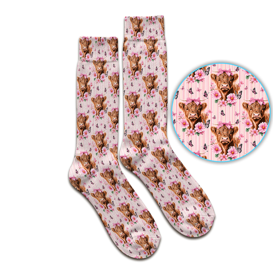 Pink Highland Cow Floral Socks, Adult Socks for Men and Women