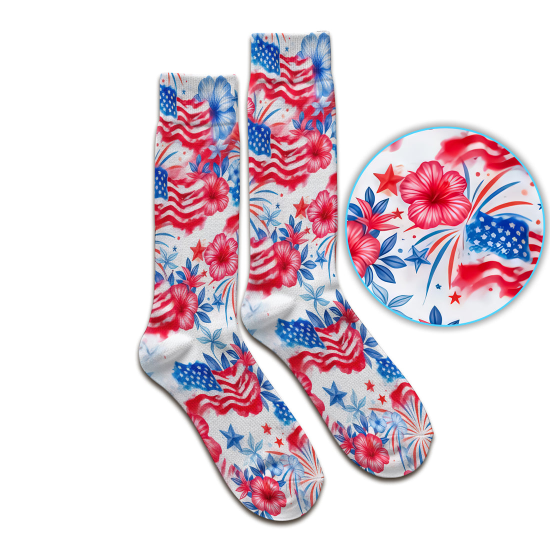 Patriotic American Flag Floral Pattern Socks, Adult Socks for Men and Women