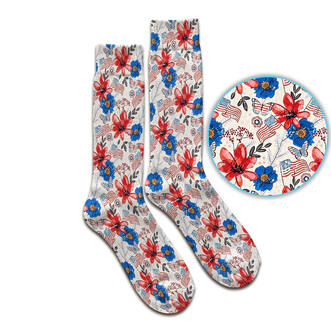 Patriotic Floral Flag Butterfly Pattern Socks, Adult Socks for Men and Women