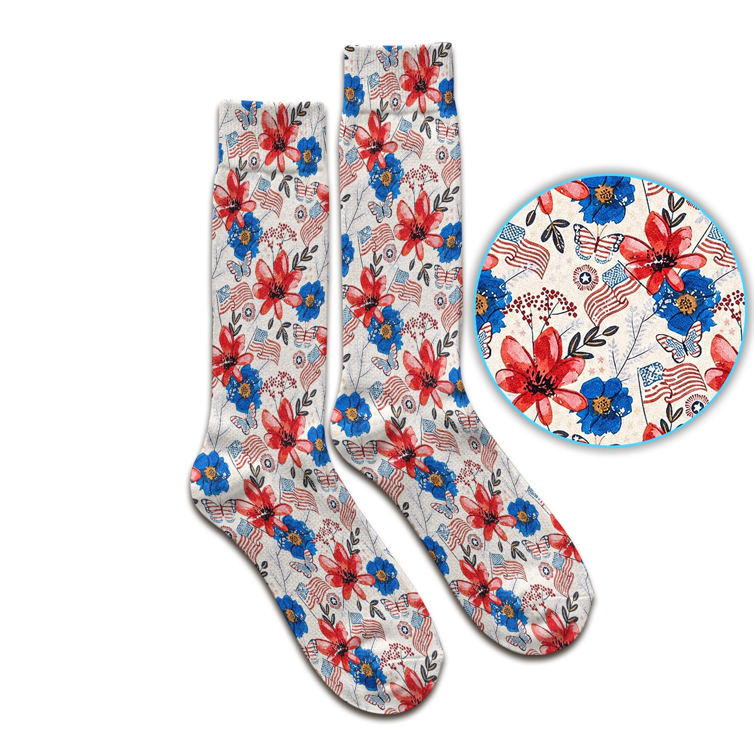 Patriotic Floral Flag Butterfly Pattern Socks, Adult Socks for Men and Women