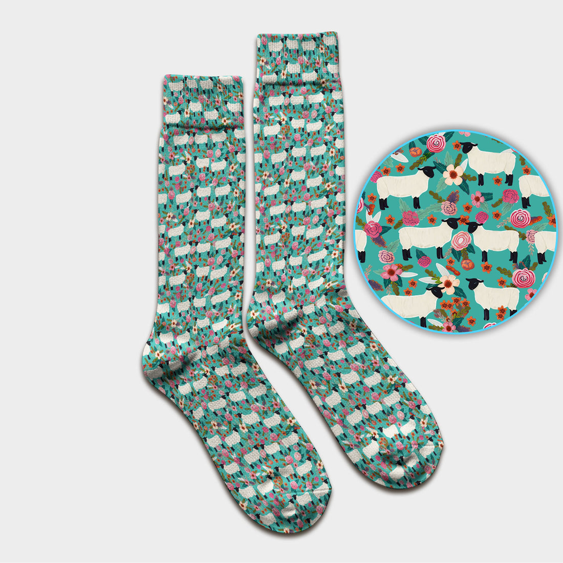 Cute Sheep Floral Meadow Pattern Socks, Adult Socks for Men and Women