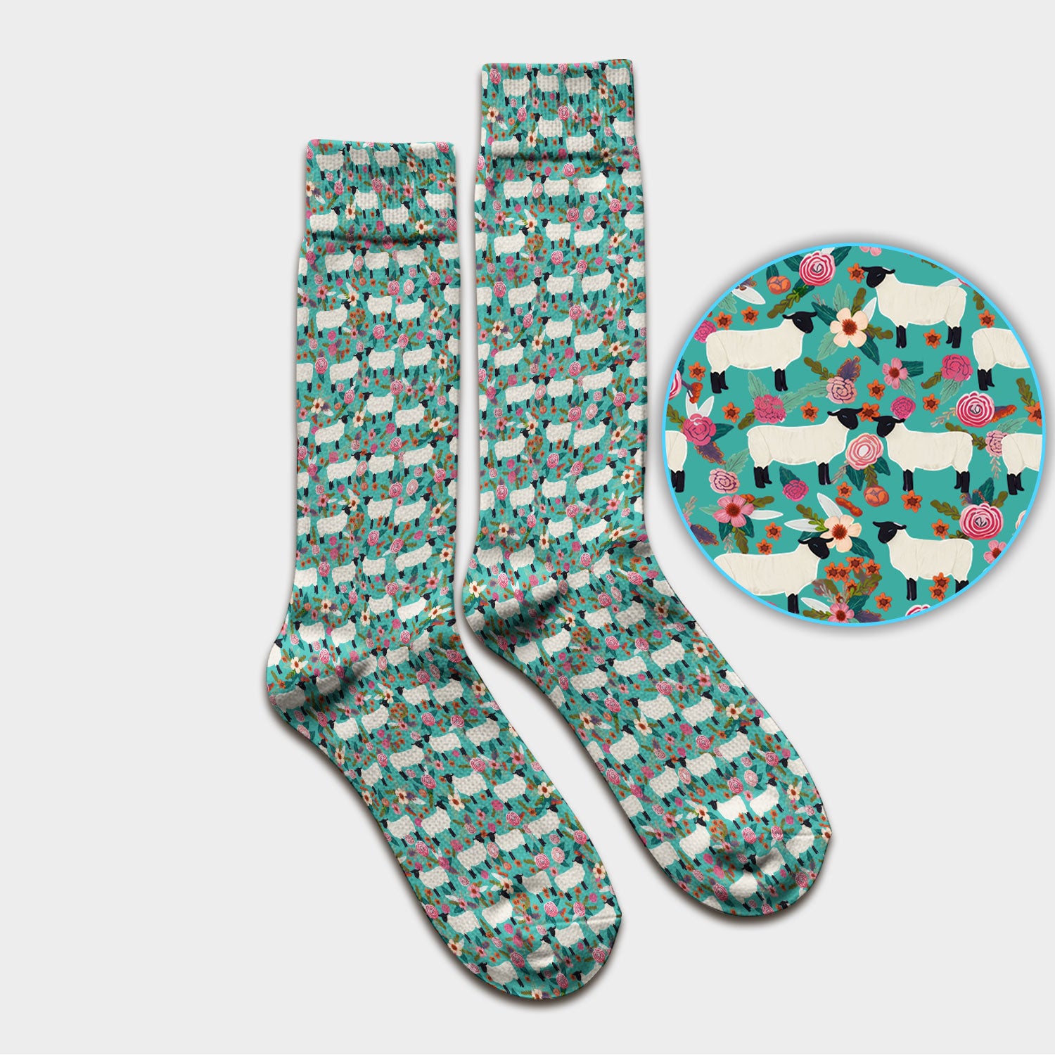 Cute Sheep Floral Meadow Pattern Socks, Adult Socks for Men and Women