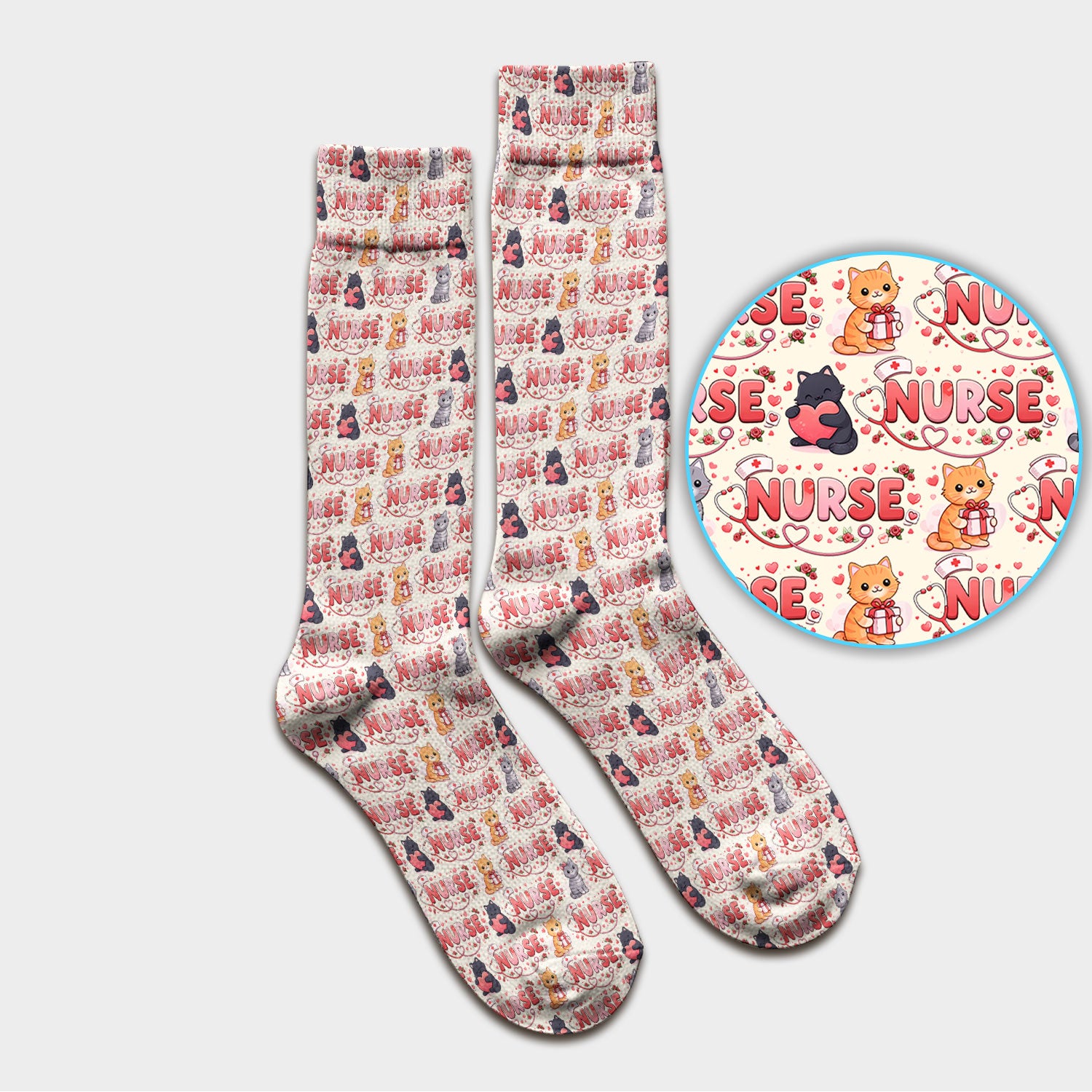 Nurse Cat Heart Pattern Valentine Socks, Socks for Nurse Doctor Adult