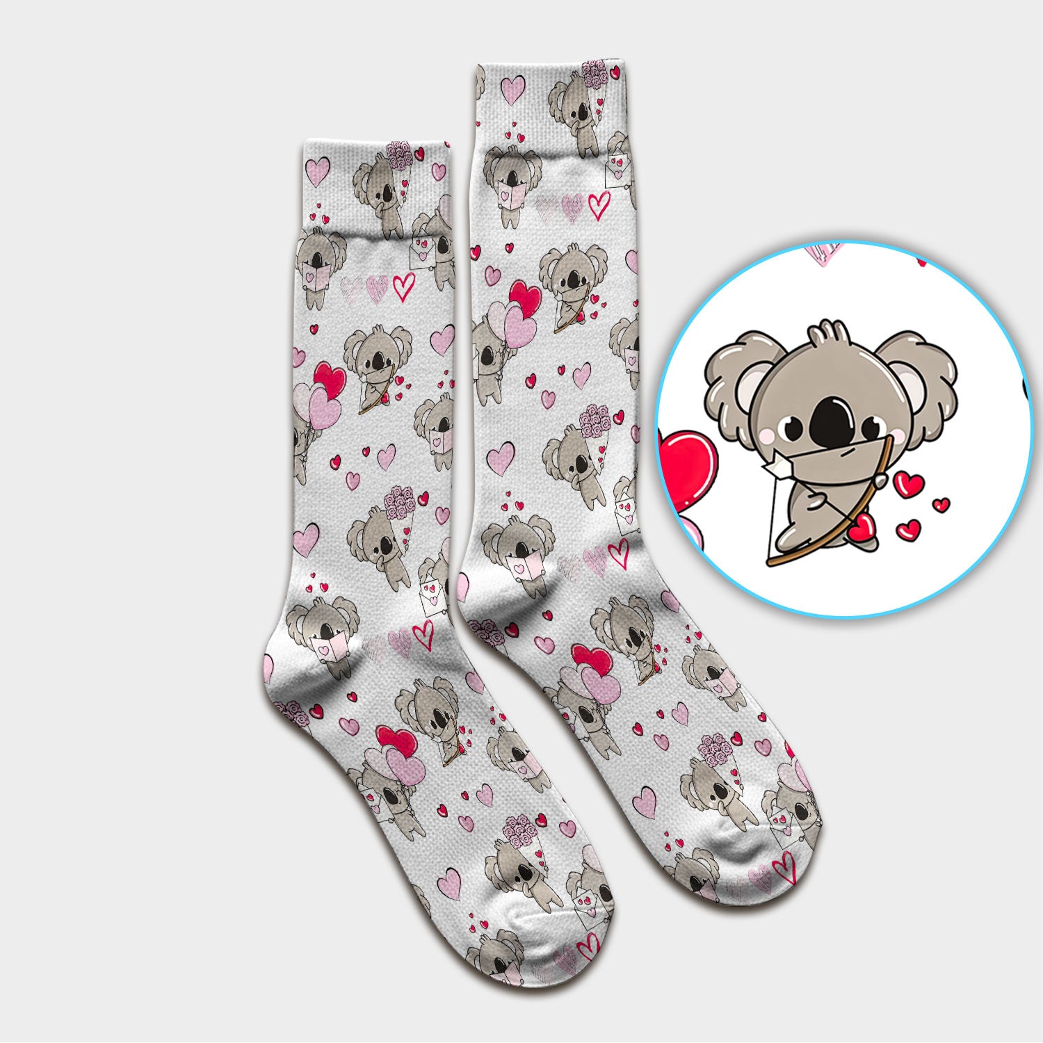 Valentine Koala Holding Flowers Cute Print Socks, Adult Socks for Men and Women