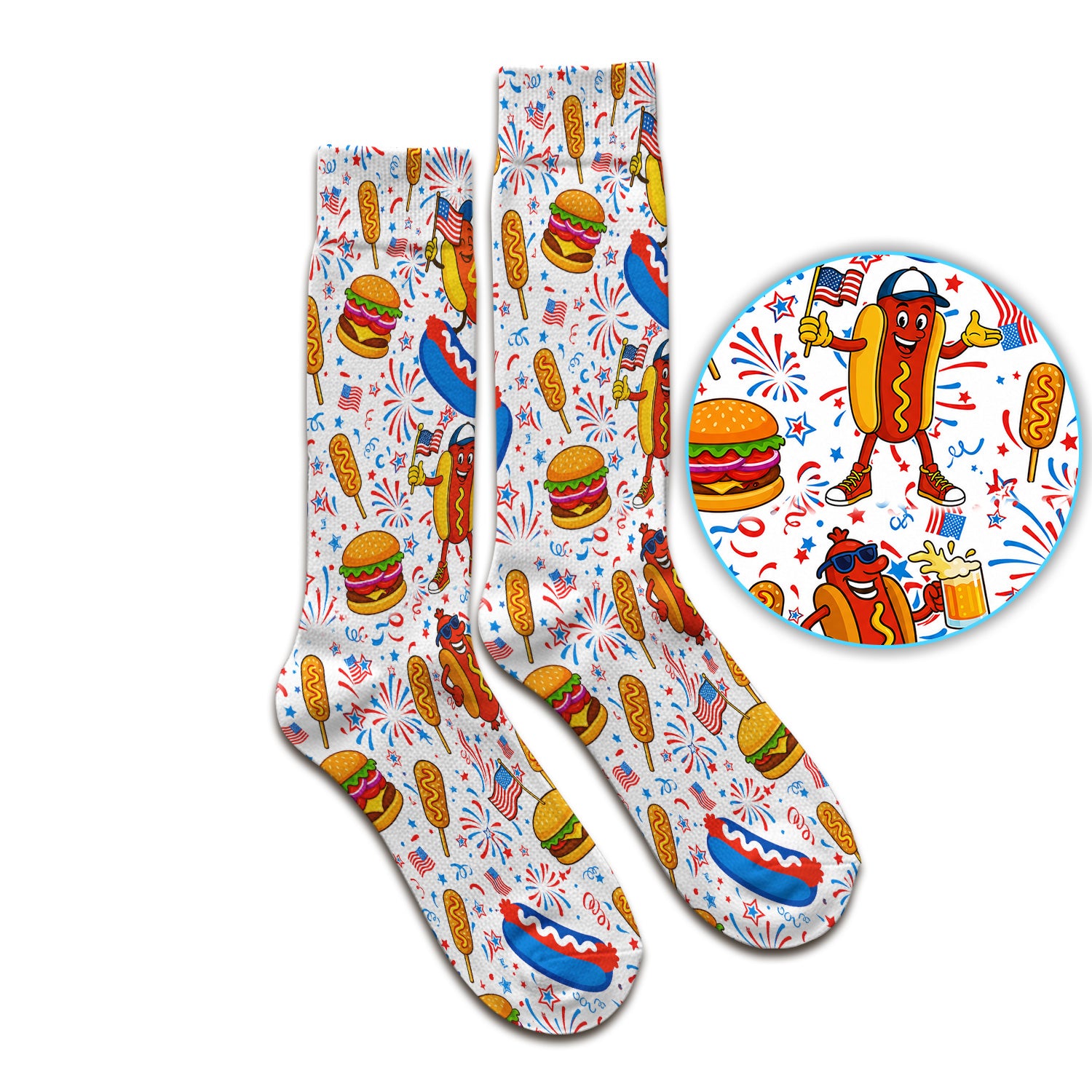 Patriotic Hot Dog Burger Fireworks Socks, Adult Socks for Men and Women