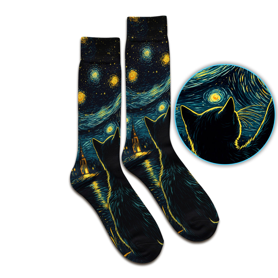 Starry Moonlit Black Cat Socks, Adult Socks for Men and Women