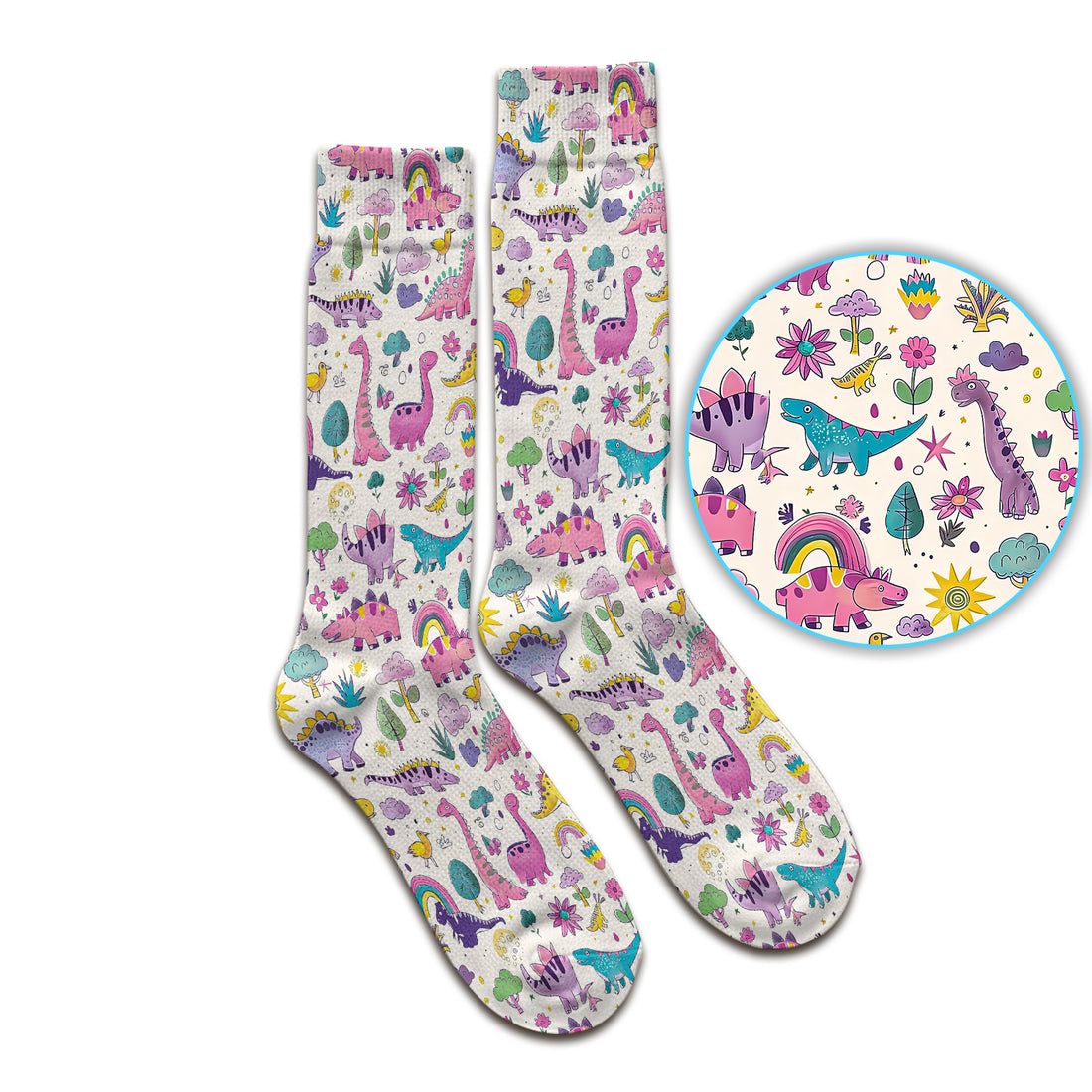 Cute Dinosaur Rainbow Pattern Socks, Adult Socks for Men and Women