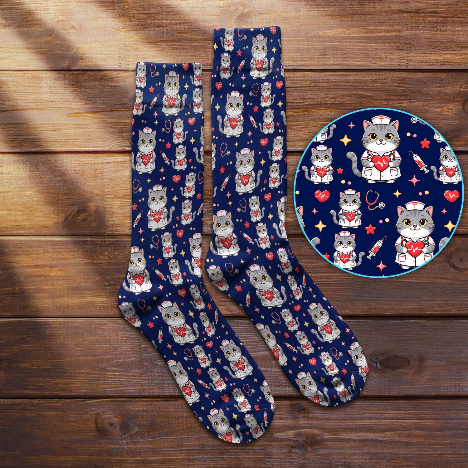 Cute Nurse Cat Heart Medical Print Socks, Adult Socks for Men and Women