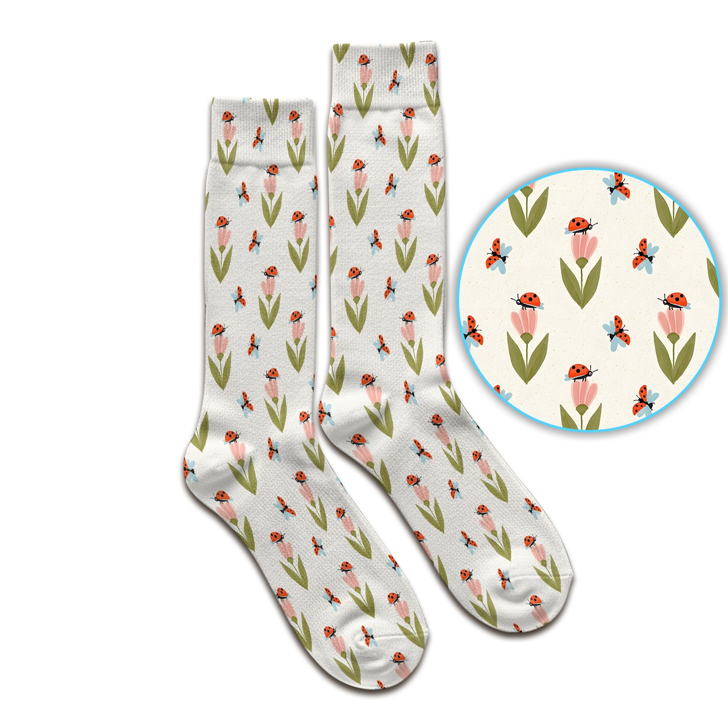 Cute Ladybug Tulip Floral Pattern Socks, Adult Socks for Men and Women