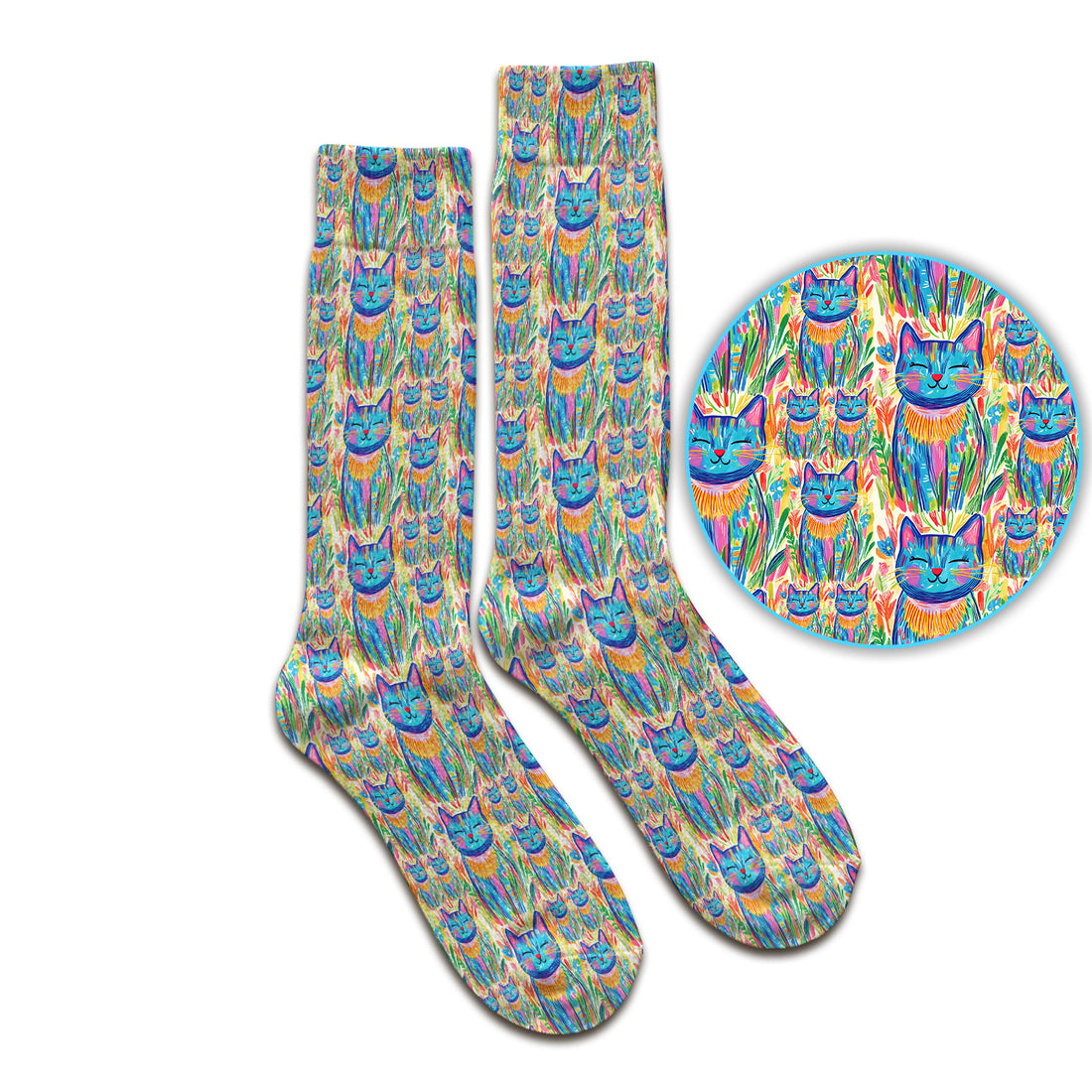 Colorful Rainbow Cat With Floral Brushstroke Socks, Adult Socks for Men and Women