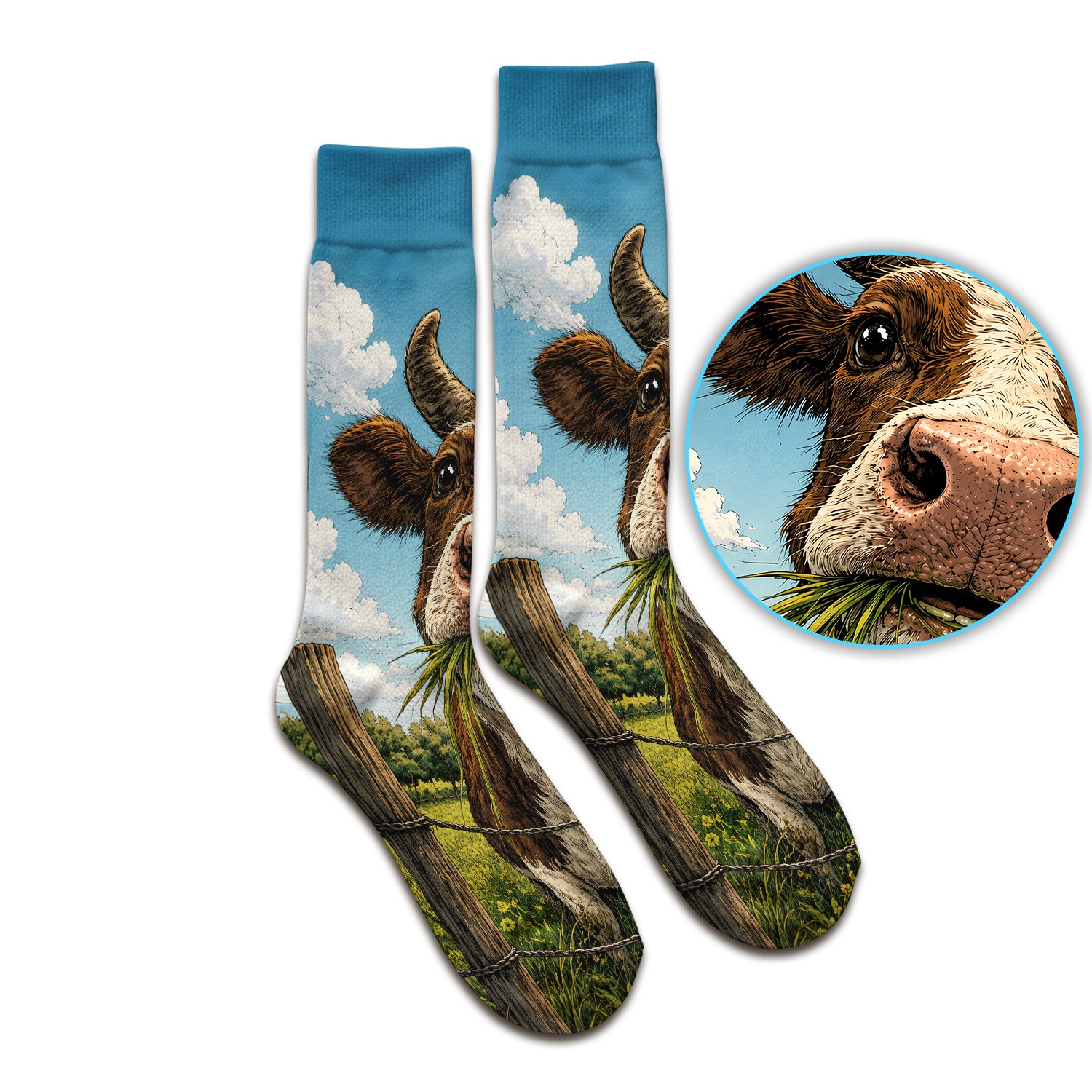 Curious Highland Cow Farm Scene Socks, Adult Socks for Men and Women