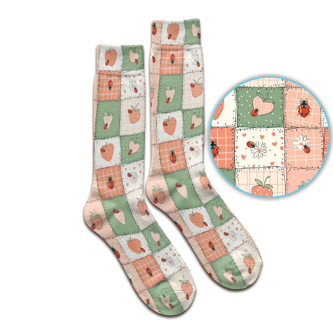 Strawberry Ladybug Patchwork Pattern Socks, Socks for Nurse Doctor