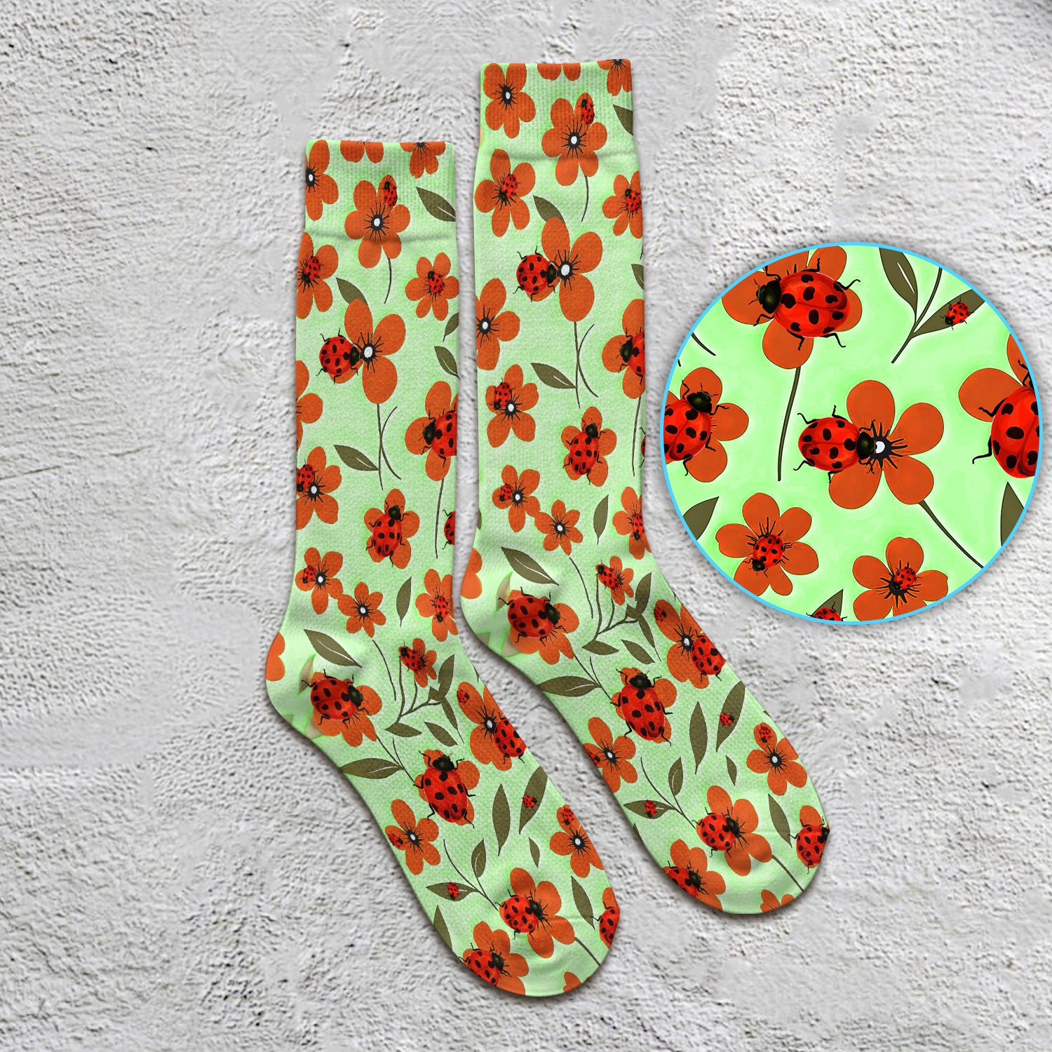Ladybug on Orange Floral Garden Pattern Socks, Breathable Fabrics Medical Uniform