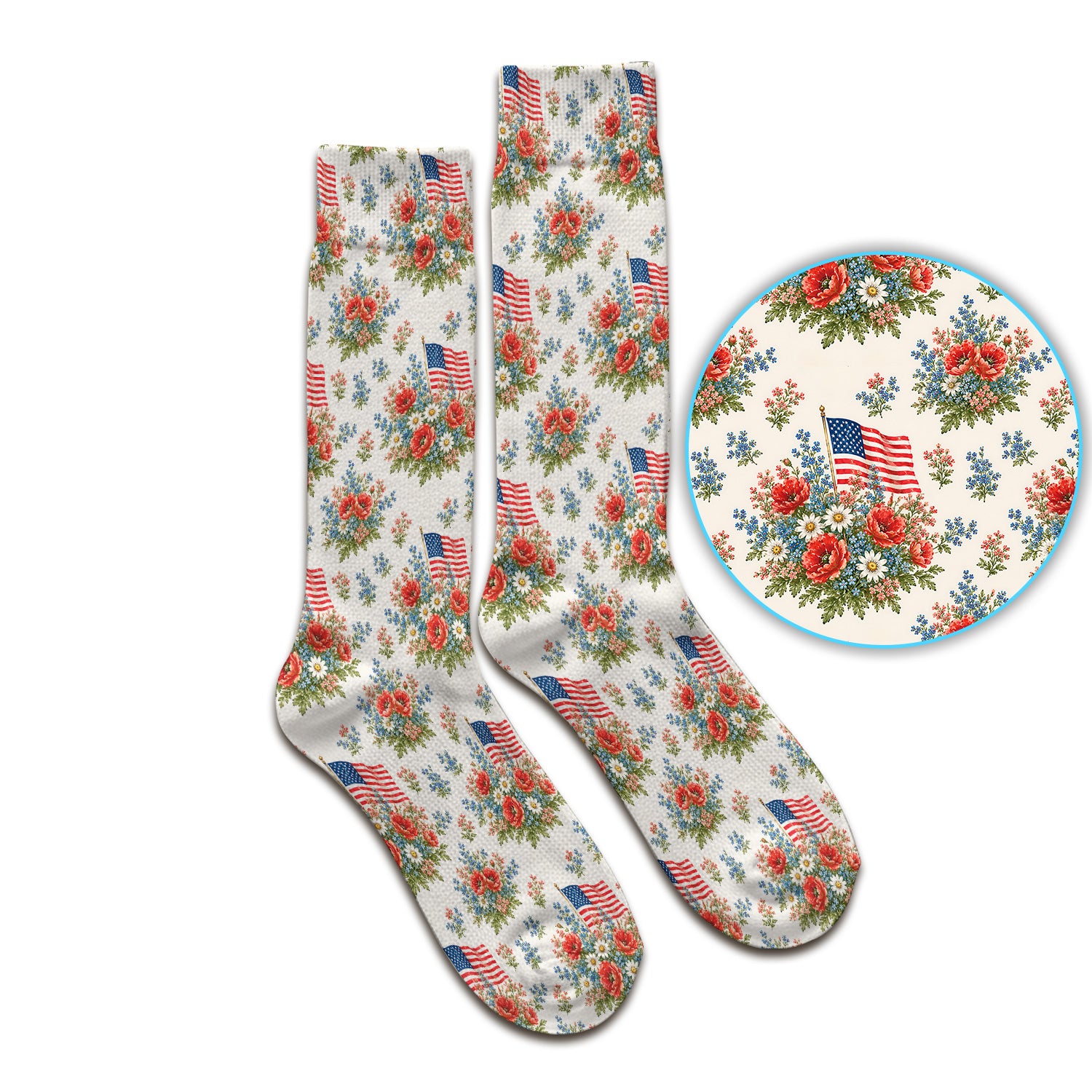 Patriotic Floral With USA Flag Pattern Socks, Adult Socks for Men and Women