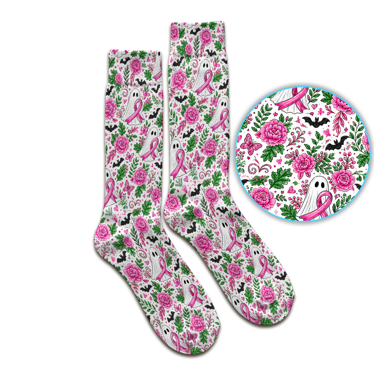 Breast Cancer Awareness Floral Ghost Socks, Adult Socks for Men and Women