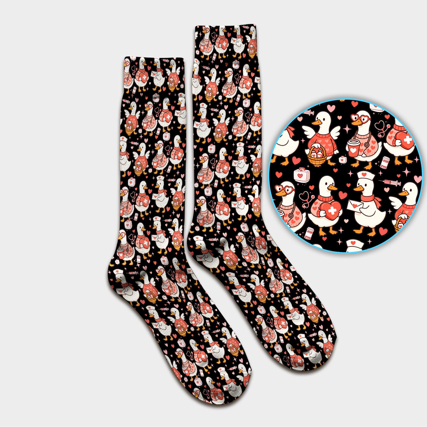 Valentine Goose Nurse Scrub Socks, Heart Medical Pattern Nurse Sock, Breathable Fabrics Nursing Uniform