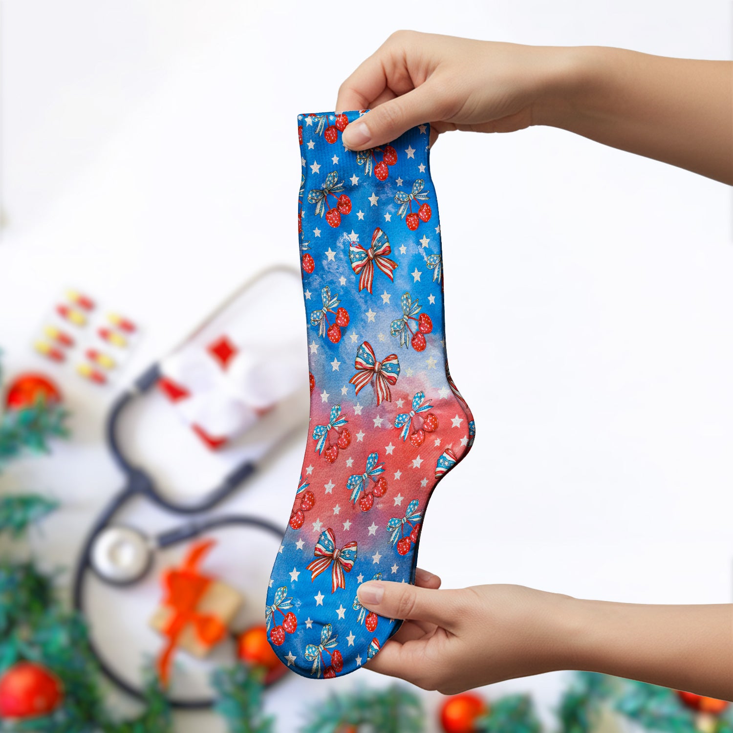 Festive Patriotic Star Bow Cherry Pattern Socks, Adult Socks for Men and Women