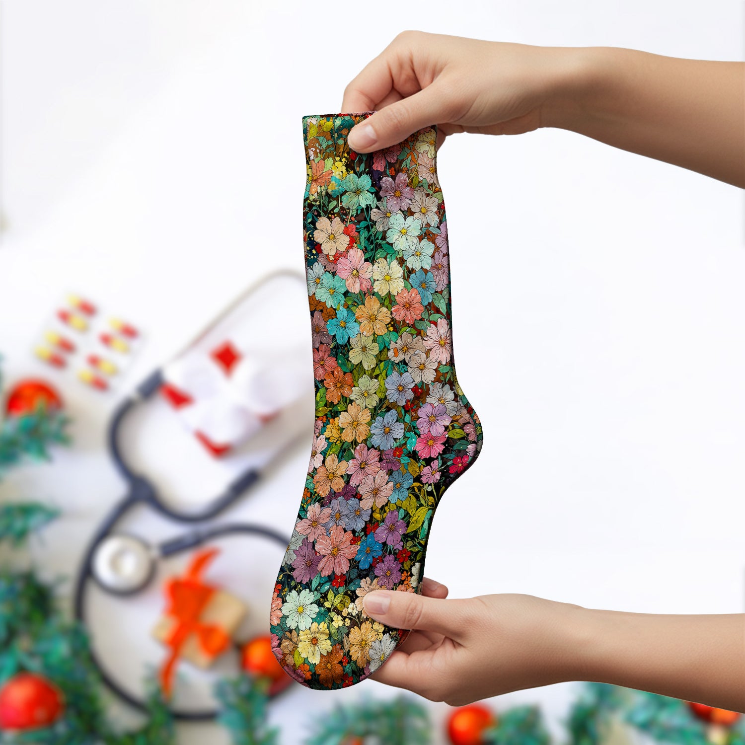 Colorful Wildflower Garden Bloom Pattern Socks, Adult Socks for Men and Women