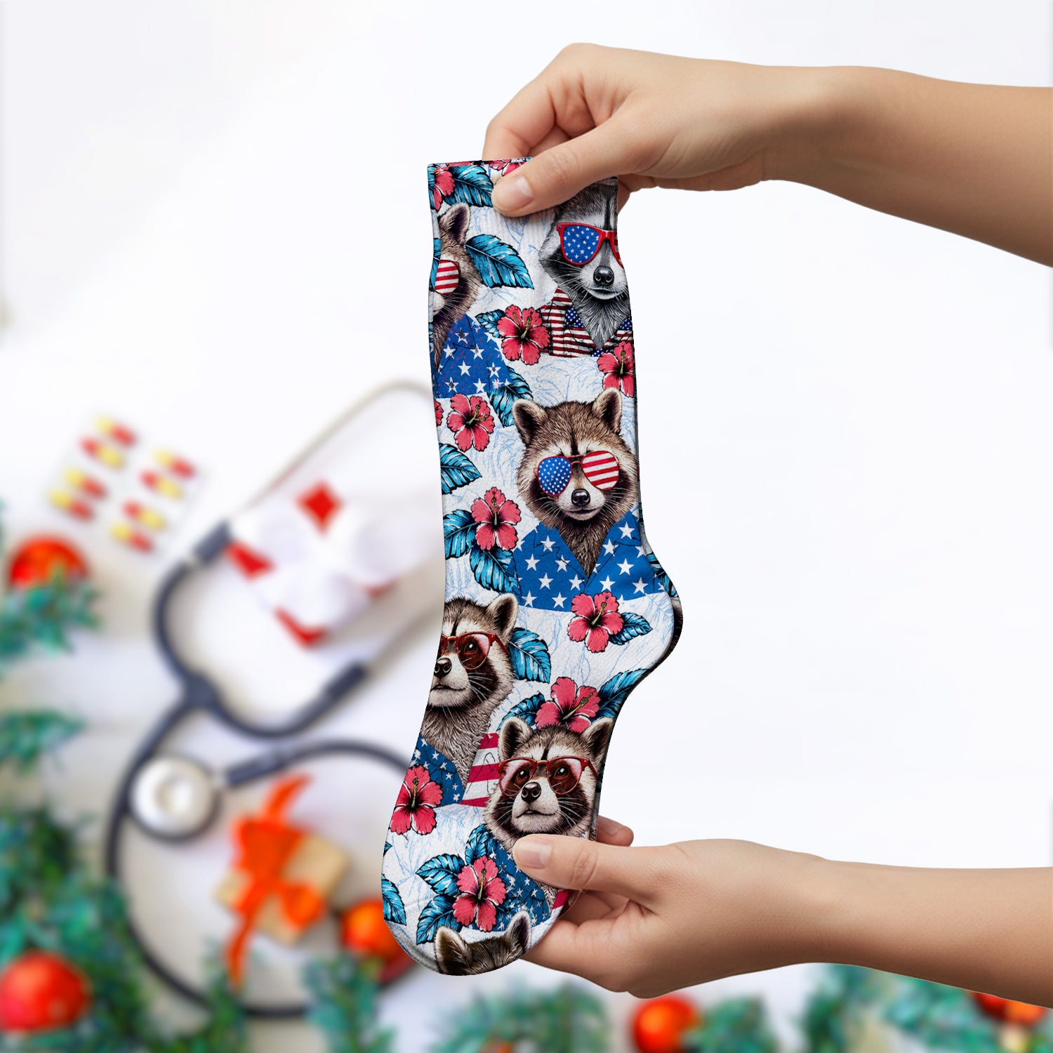 Funny Patriotic Raccoon Sunglasses Pattern Socks, Adult Socks for Men and Women