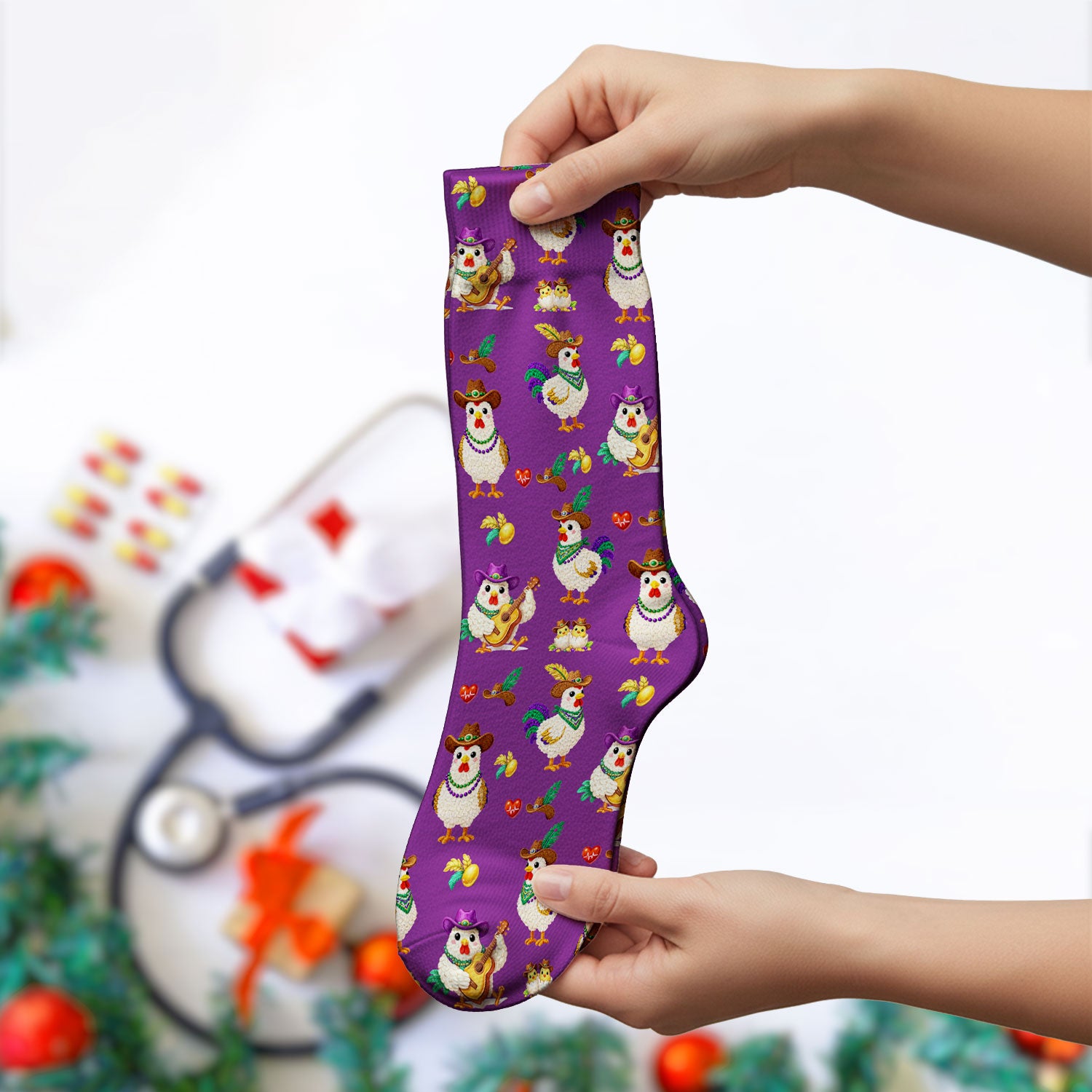 Funny Mardi Gras Rooster Cowboy Print Medical Socks, Socks for Nurse Doctor