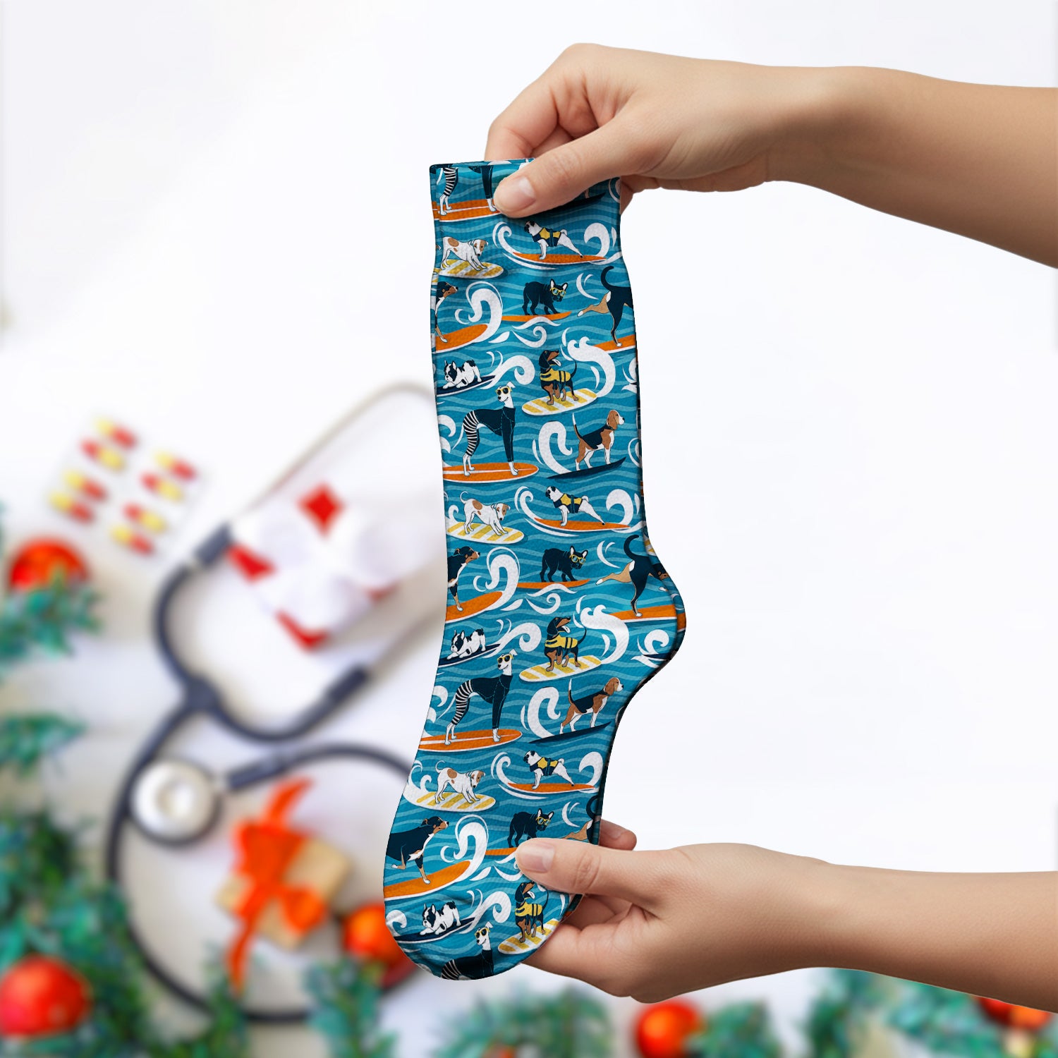 Surfing Dogs Ocean Wave Print Socks, Adult Socks for Men and Women