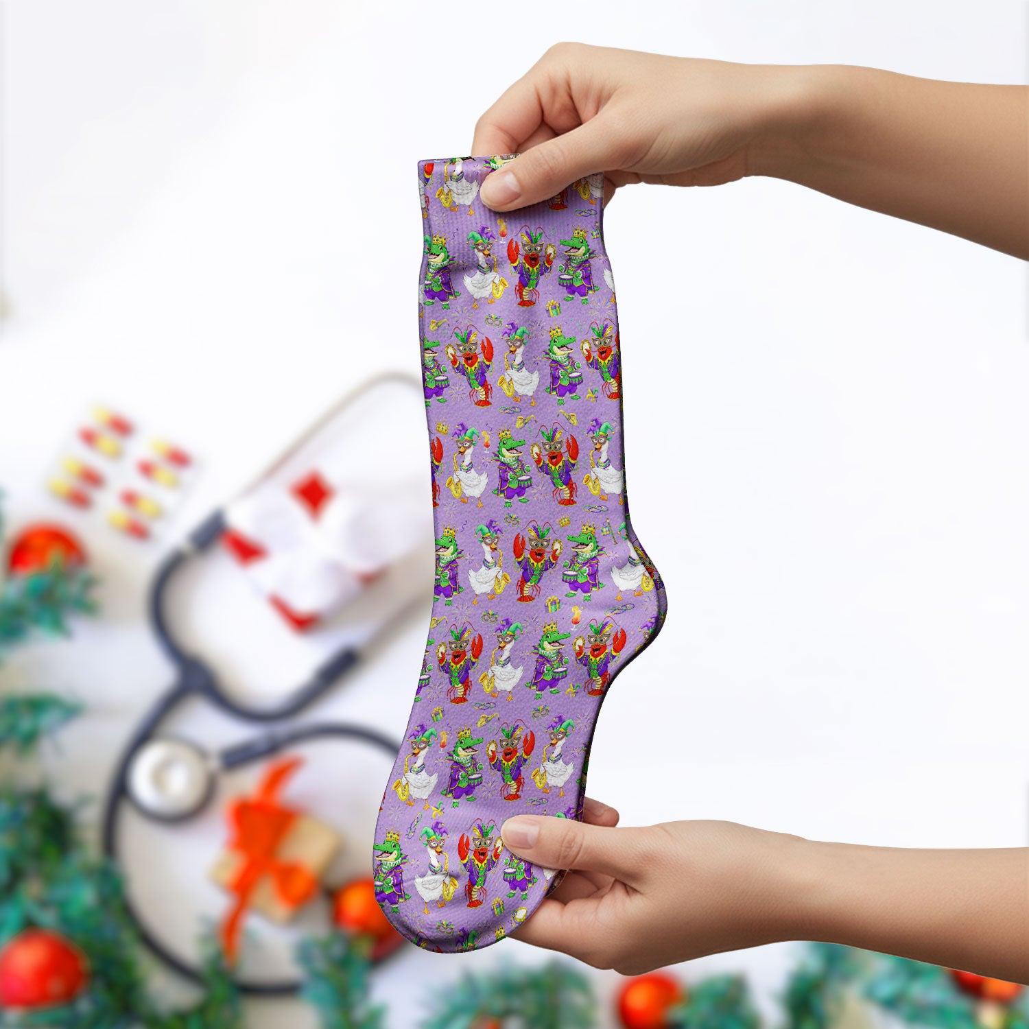 Crawfish And Duck Carnival Scrub Socks, Mardi Gras Parade Pattern Nurse Sock, Breathable Fabrics Nursing Uniform