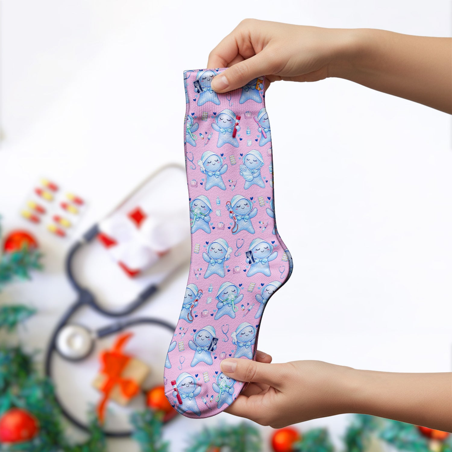 Cute Tooth Character Dental Tools Caring Pattern Socks, Breathable Fabrics Medical Uniform