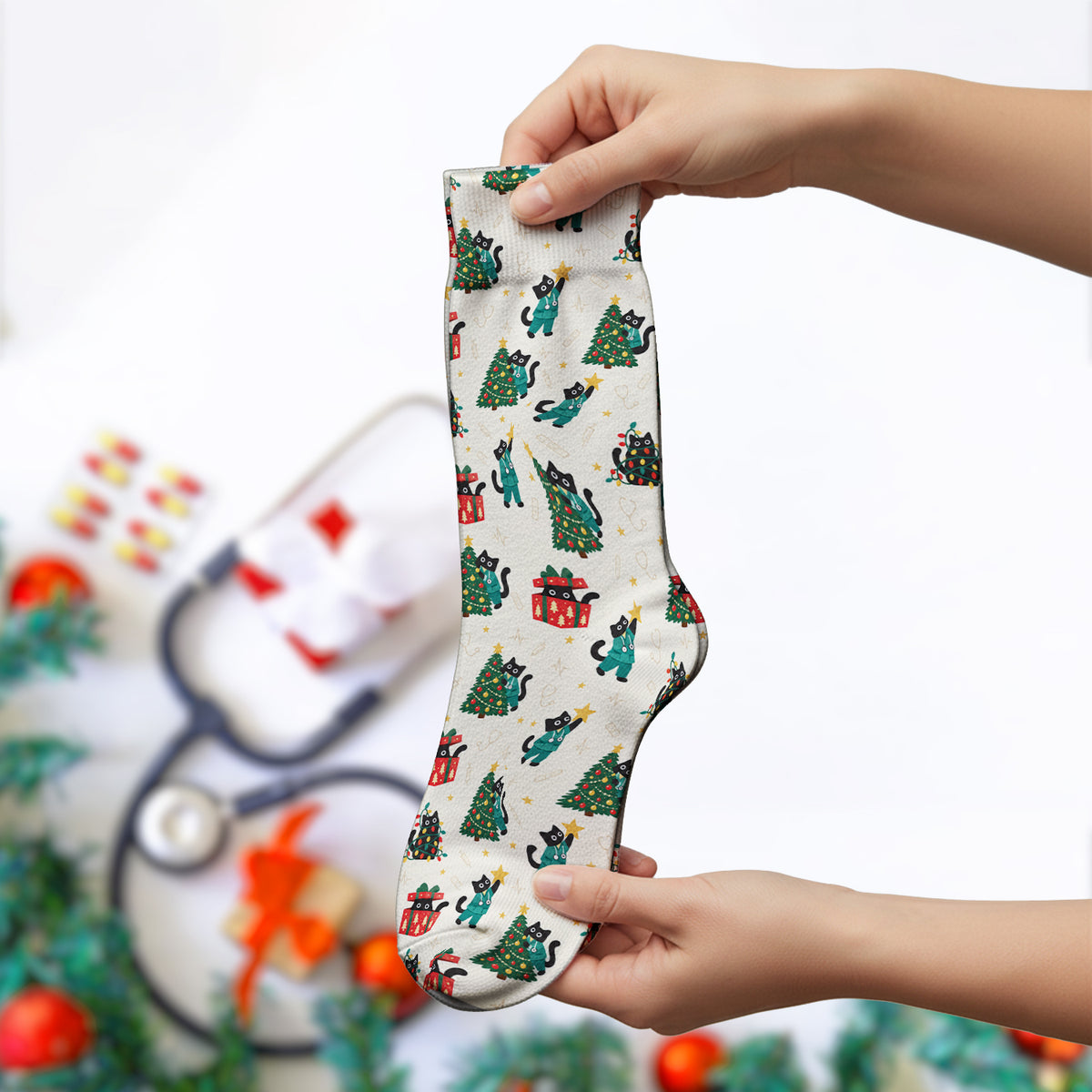Christmas Black Nurse Cats And Trees Socks, Adult Socks for Men and Women
