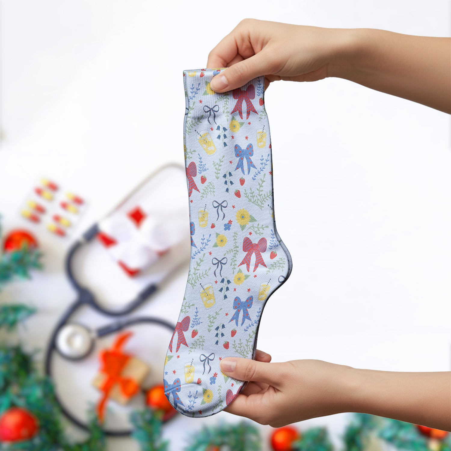 Sweet Summer Bow Nurse, Lemonade Floral Medical Socks, Adult Socks for Men and Women