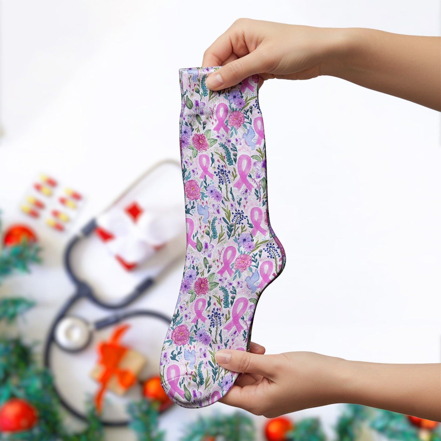 Floral Pink Ribbon Print Socks, Adult Socks for Men and Women