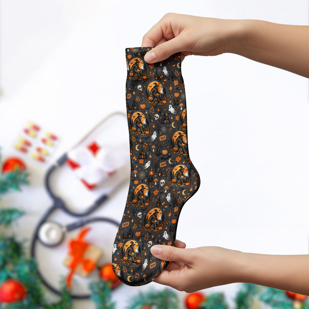 Halloween Bigfoot Ghost with Pumpkin Socks, Adult Socks for Men and Women