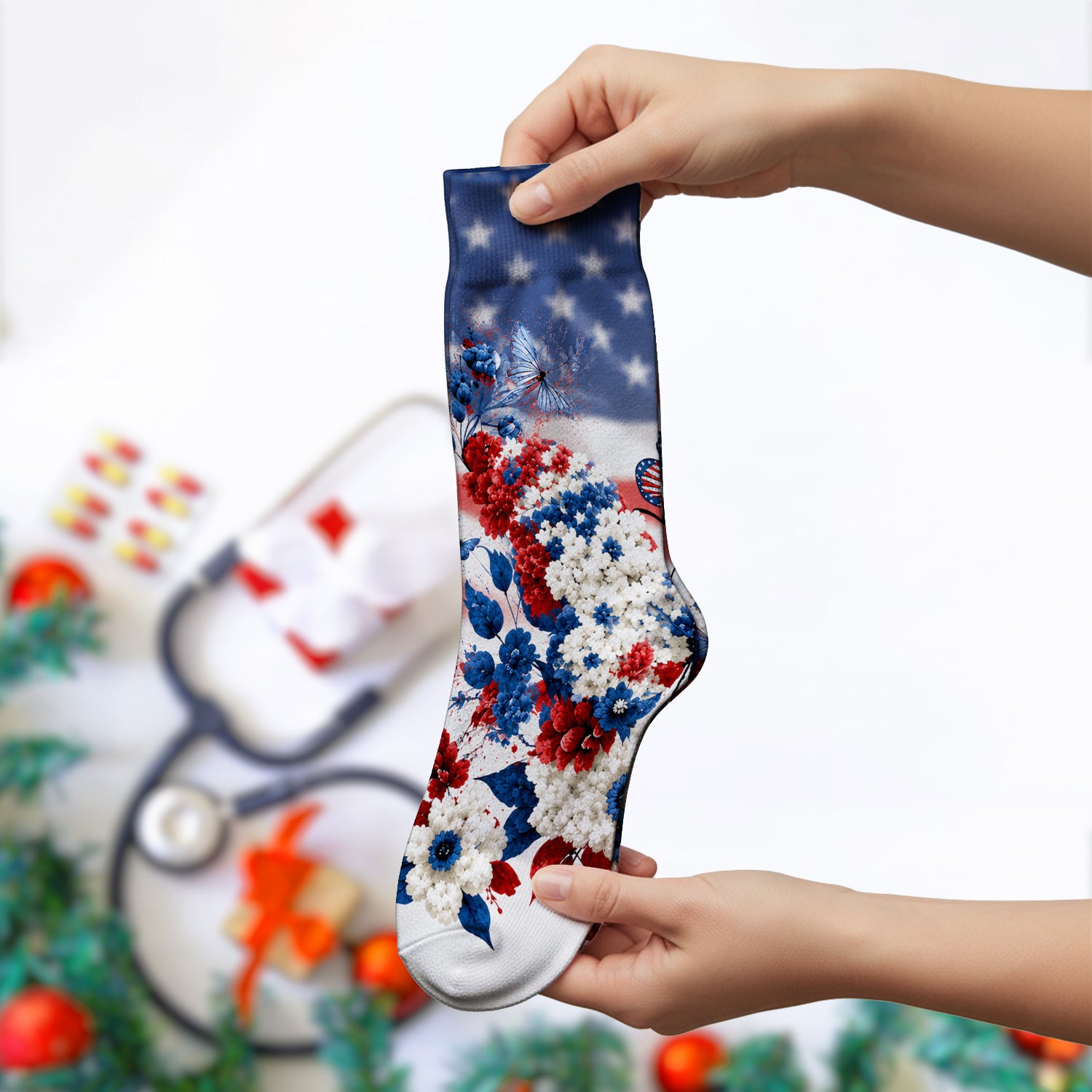 Patriotic Butterfly with Floral Print Socks, Adult Socks for Men and Women
