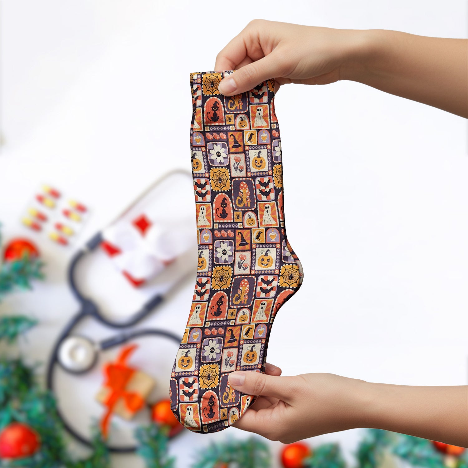 Retro Halloween Patchwork Icons Socks, Adult Socks for Men and Women