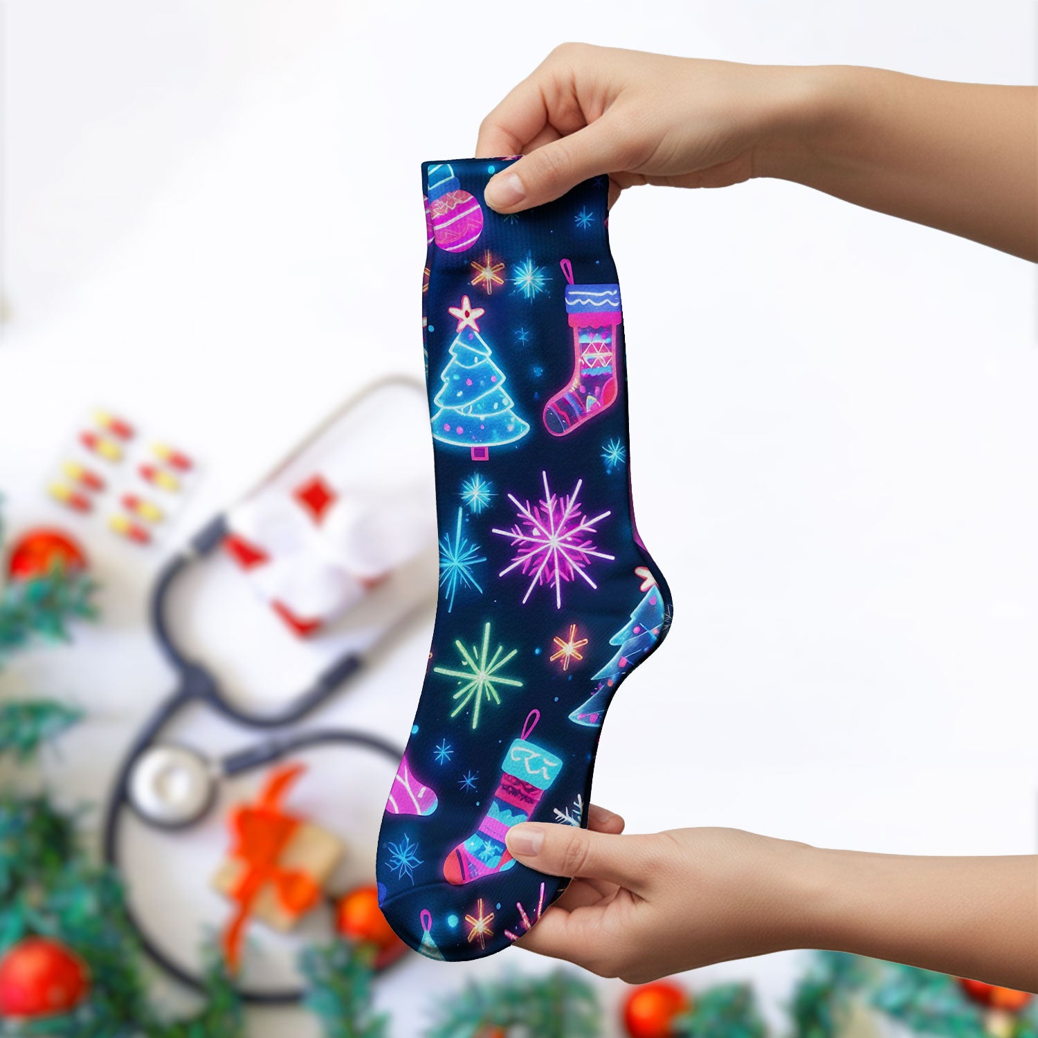 Xmas Neon Pattern Scrub Socks, Christmas Scrub Sock, Breathable Fabrics Nursing Uniform