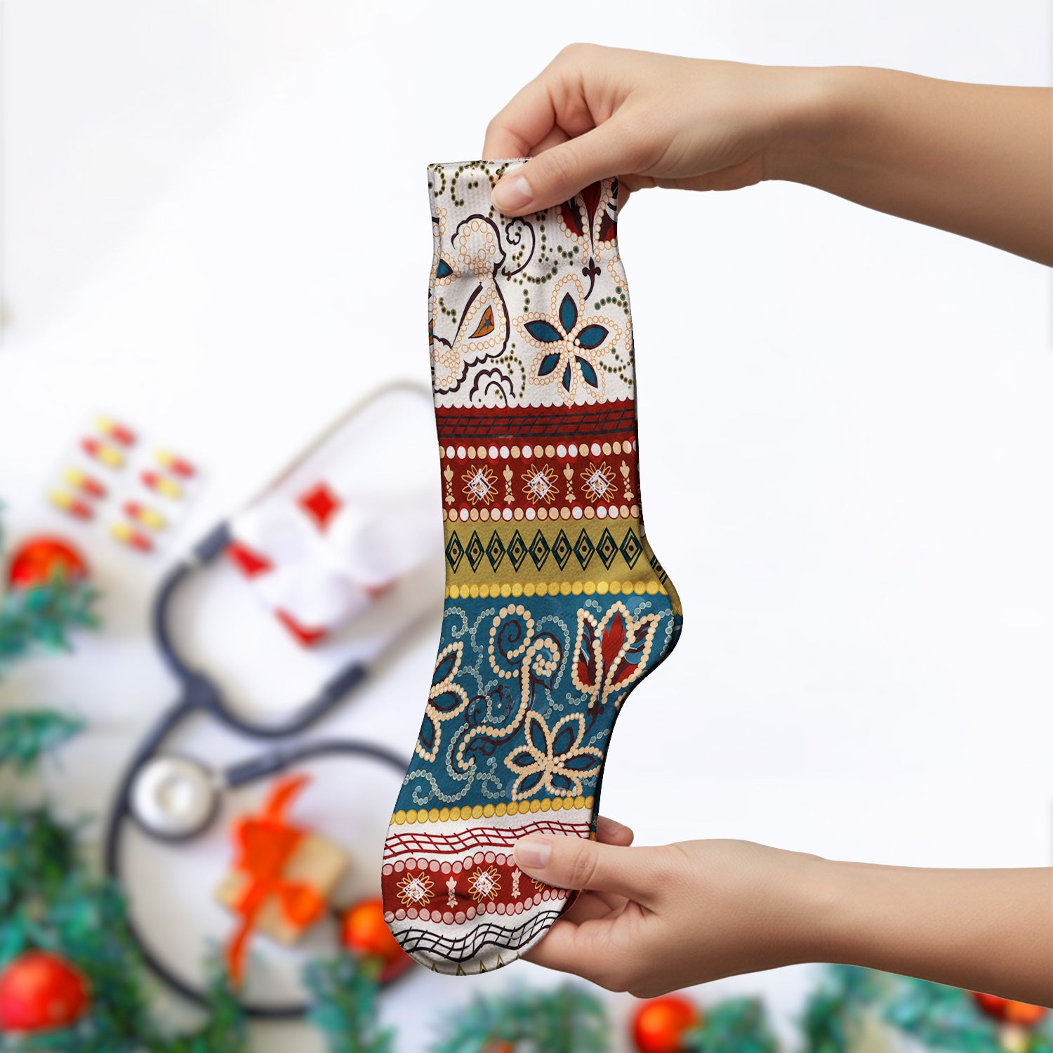 Boho Paisley Floral Stripe Pattern Socks, Adult Socks for Men and Women