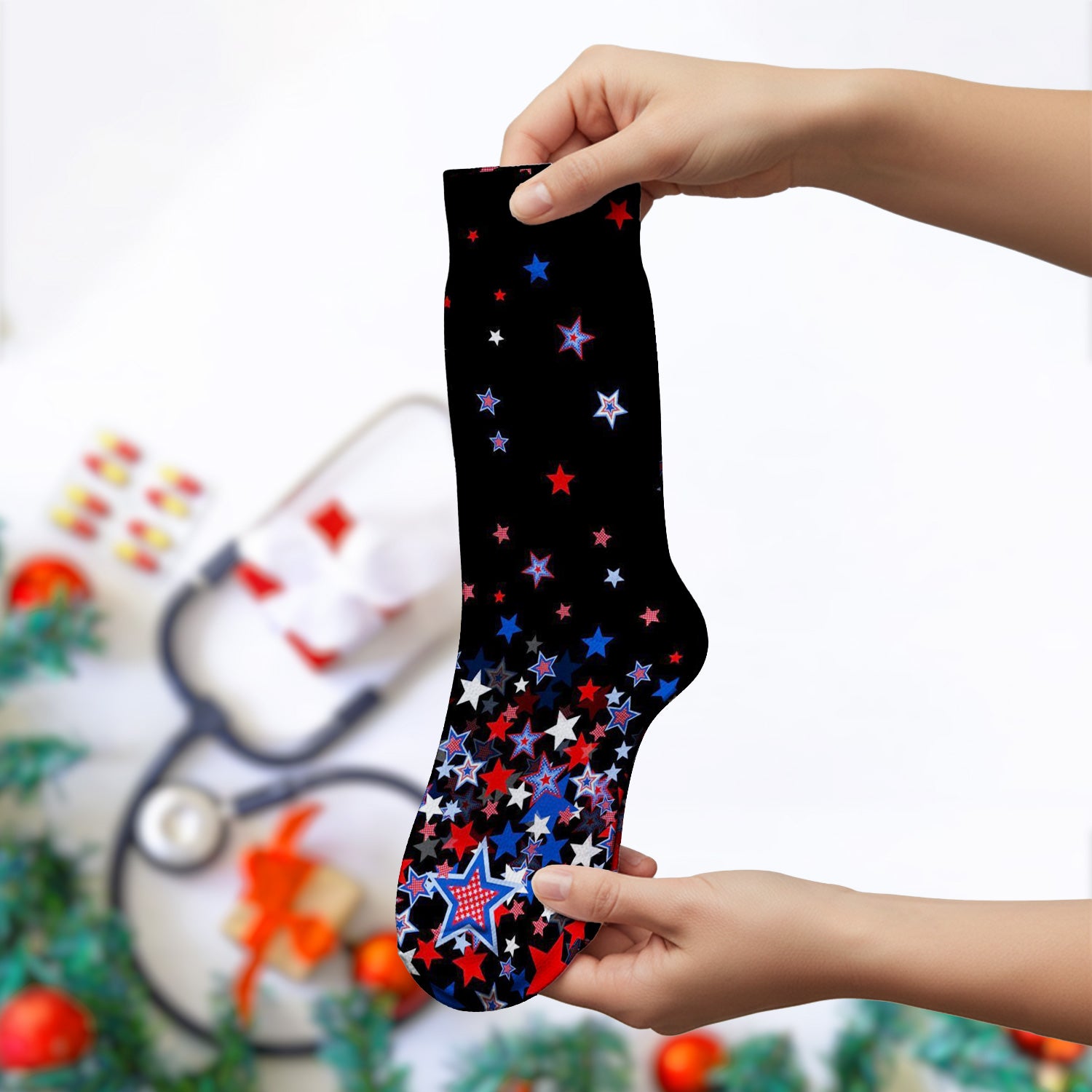 Festive Patriotic Ribbon Bow Star Pattern Socks, Adult Socks for Men and Women