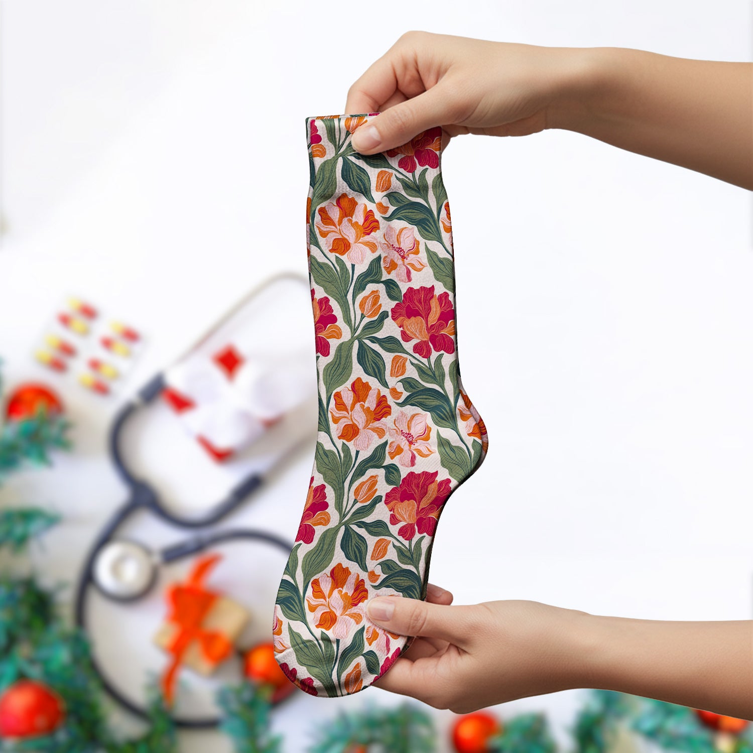 Pretty Tropical Floral Print Socks, Adult Socks for Men and Women