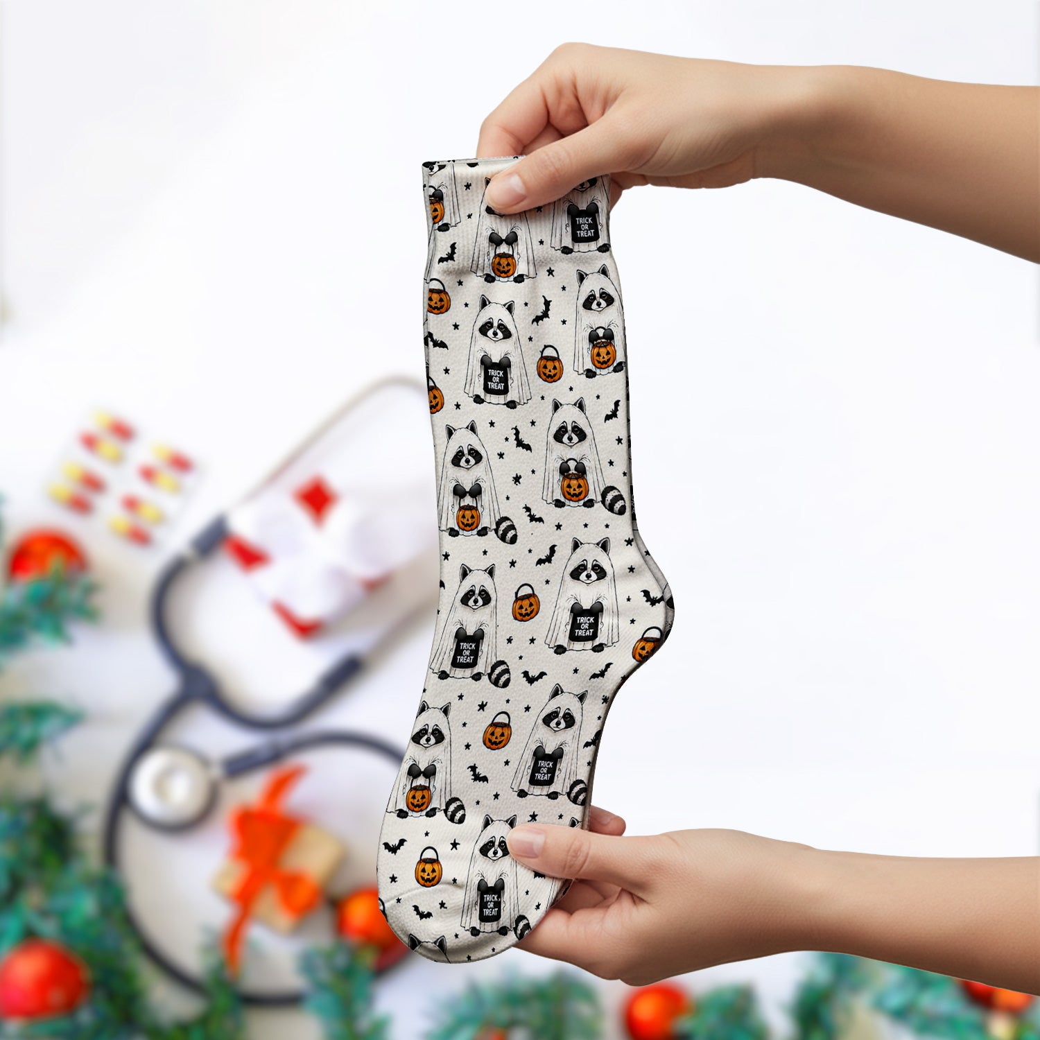 Cute Halloween Ghost Raccoon Socks, Adult Socks for Men and Women
