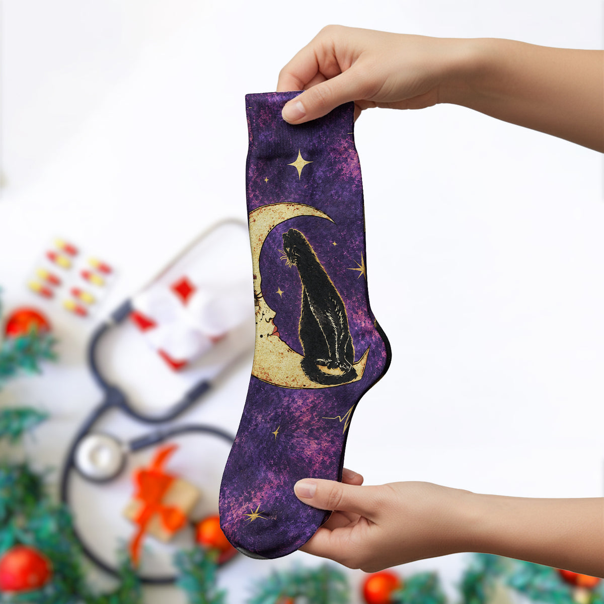 Celestial Nurse Black Cat Crescent Moon Socks, Adult Socks for Men and Women