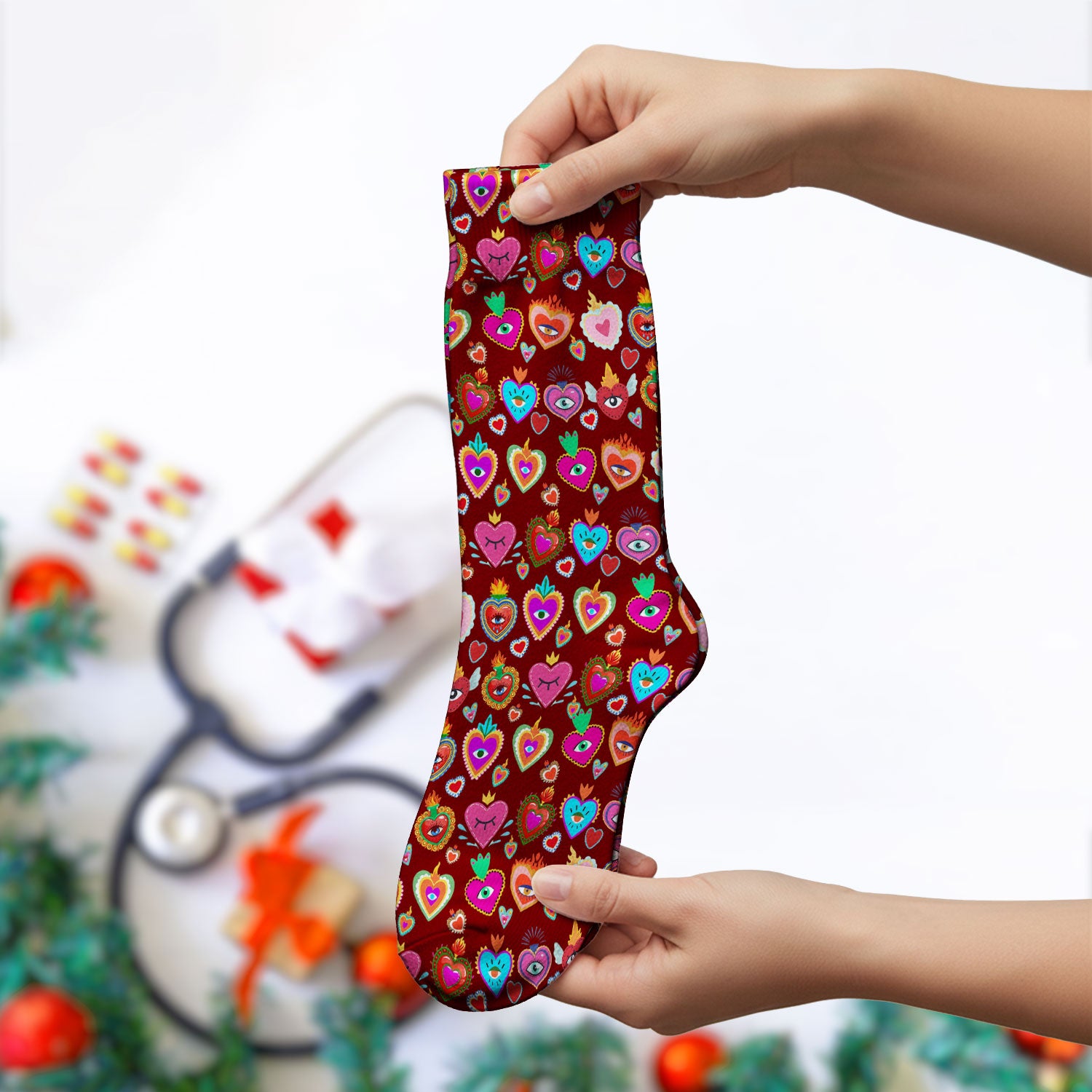 Valentine Colorful Sacred Heart Print Medical Socks, Breathable Fabrics Medical Uniform