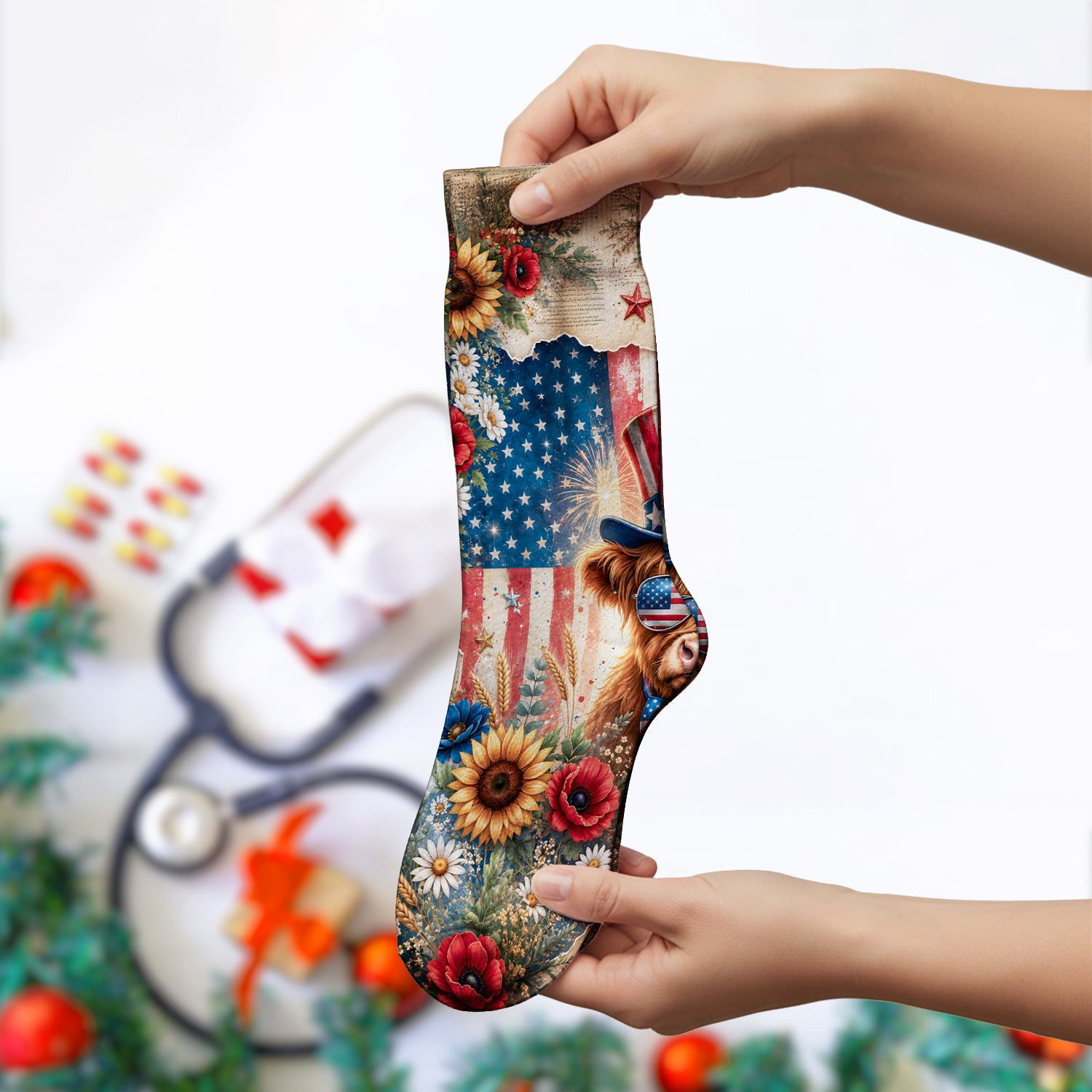 Patriotic Highland Cow Nurse for RN, CNA, Healthcare Workers Socks, Adult Socks for Men and Women