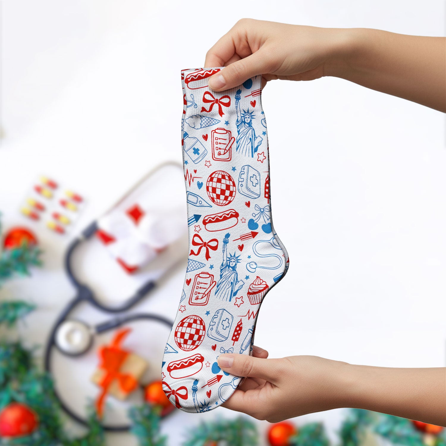 Patriotic Nurse Medical Icons Pattern Print Socks, Adult Socks for Men and Women