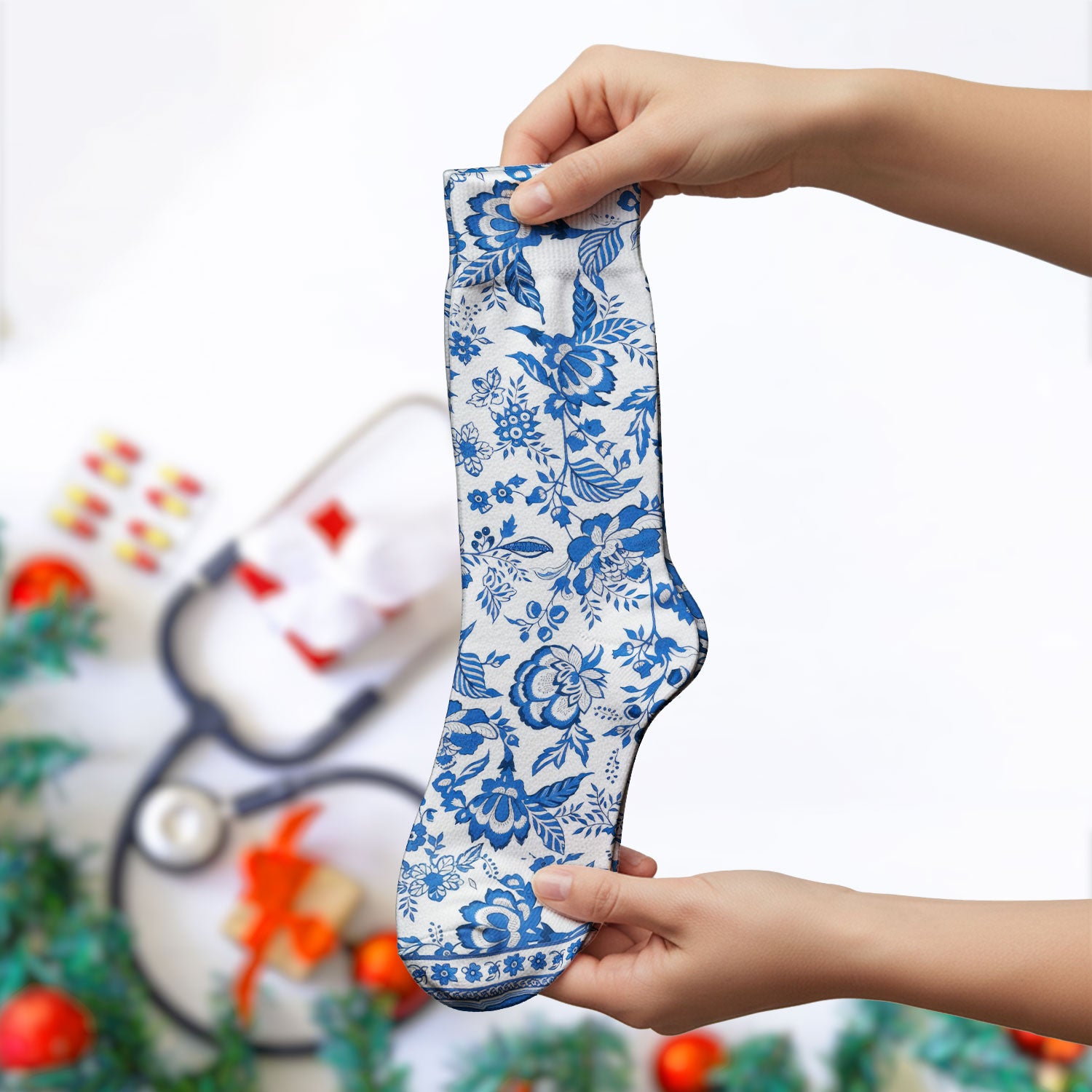 Toile De Jouy Scrub Socks For Women, Floral Pattern Nurse Sock, Comfortable Scrubs For Nursing