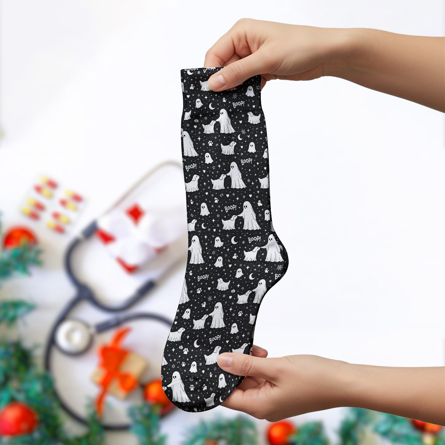 Halloween Ghost Boop Dog Pattern Socks, Adult Socks for Men and Women