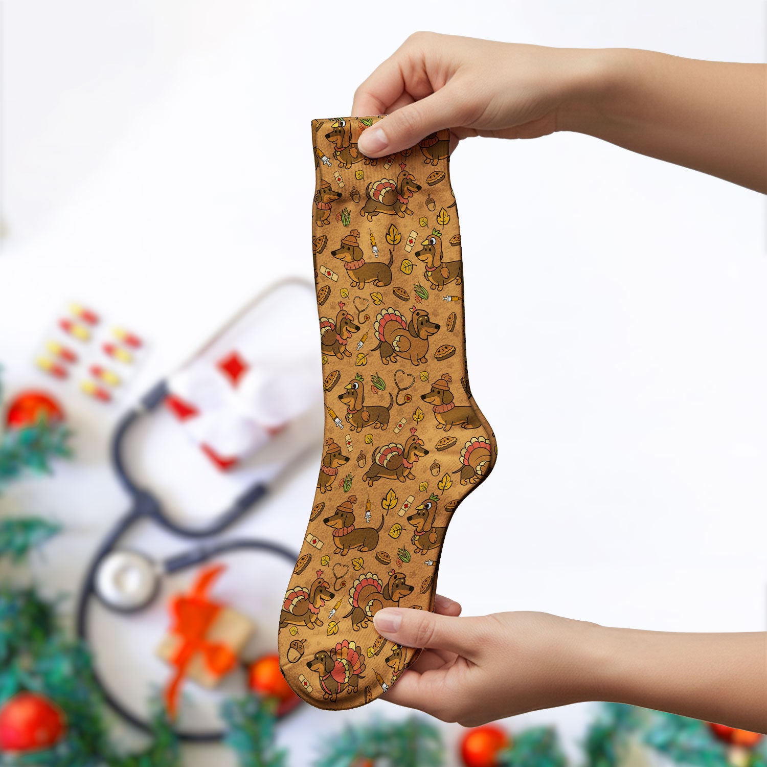 Thanksgiving Wiener Dog Socks for Nurse Doctor - Funny Dachshund Turkey Adult Socks for Men and Women