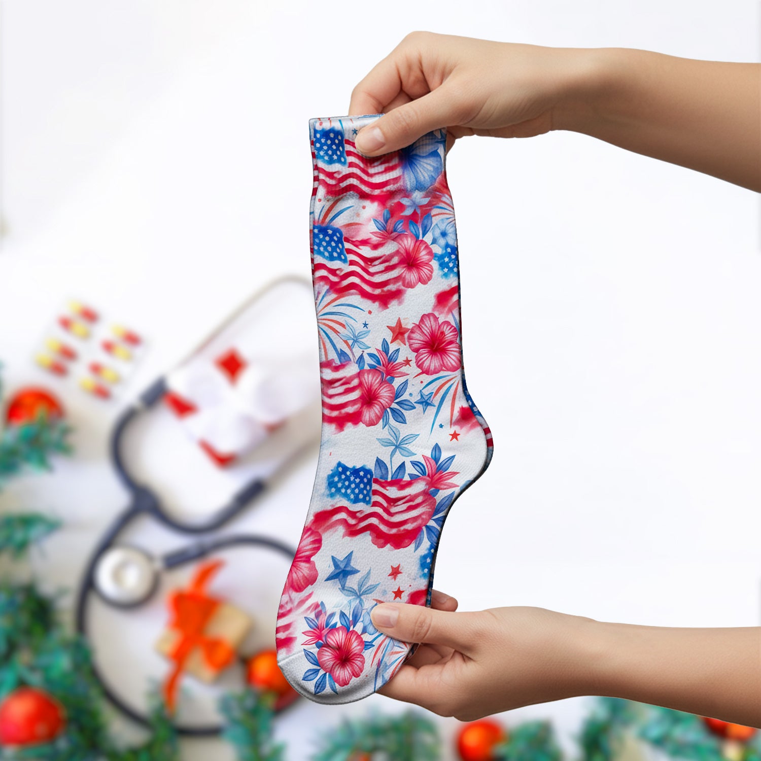 Patriotic American Flag Floral Pattern Socks, Adult Socks for Men and Women